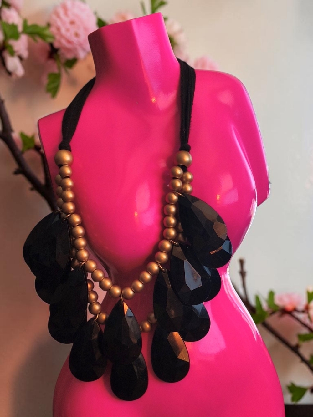 Black Teardrop Statement Necklace with Gold Beads